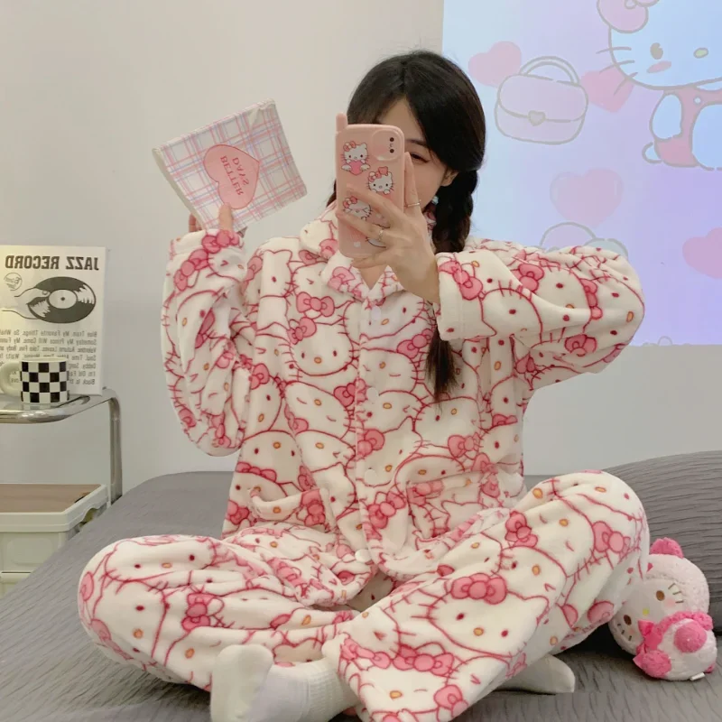 Sanrio Hello Kitty Winter Cotton Long Sleeve Trousers Two-piece Set Warm Fleece Women\'s Pajamas Coral Fleece Homewear Set