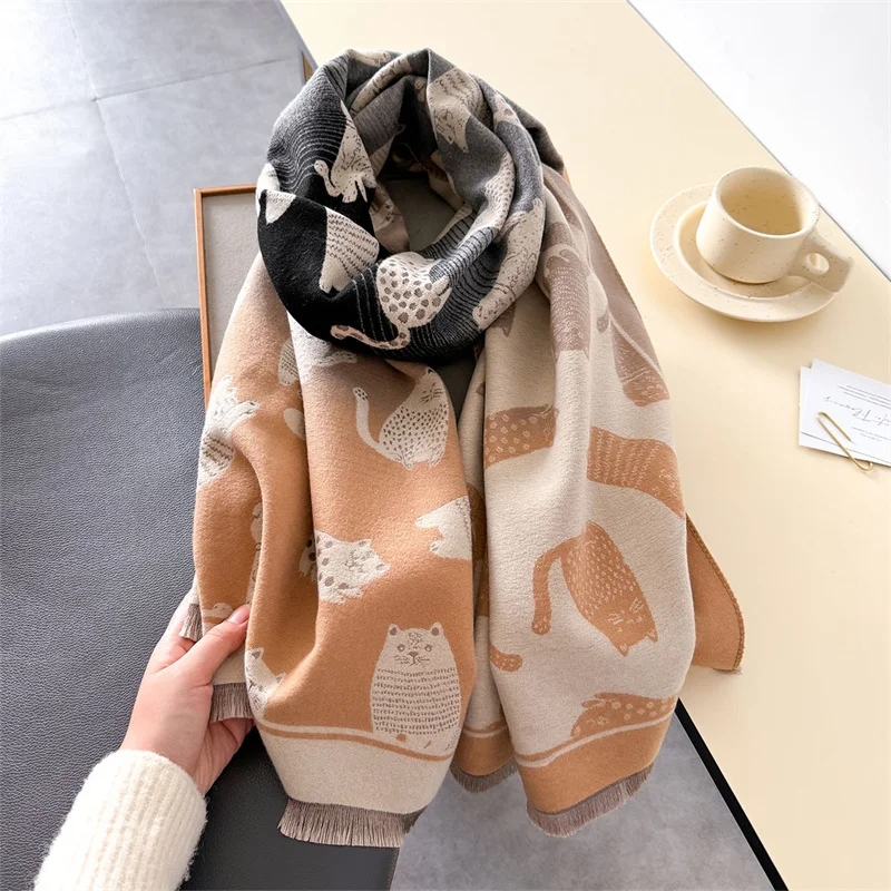 Cashmere Scarves for Women 2024 Winter Shawls Warm Wraps Lady Pashmina Cat Print Blanket Scarf Neck Headband Hijabs Stoles