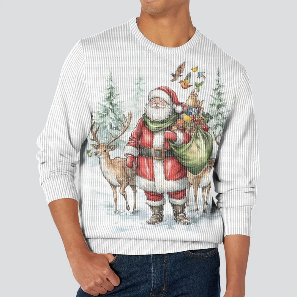 Men's and women's Crew Neck Sweater Soft Casual Sweaters for Men, Forest Elk Santa Claus print, Autumn/winter Pullover Sweater