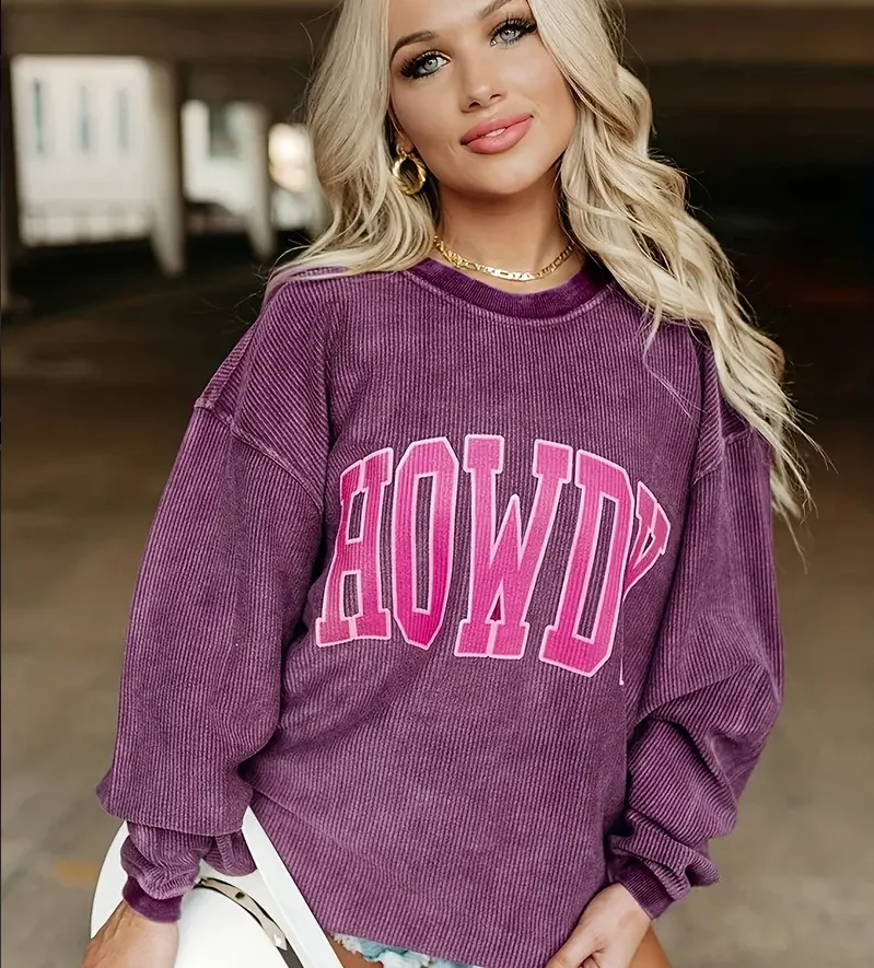 

Vintage Washed Purple Corduroy Sweatshirt Women Oversized Howdy Graphic Print Crew Neck Long Sleeve Pullover Casual Loose Street