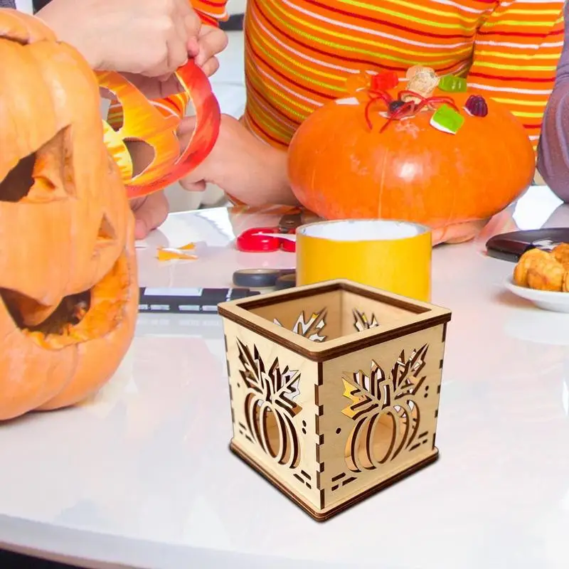 Wood Candle Holders Handcraft Wooden Square Cutout Pumpkin Lantern Fall Decorations Pumpkin Lantern With Electric Candle Holiday