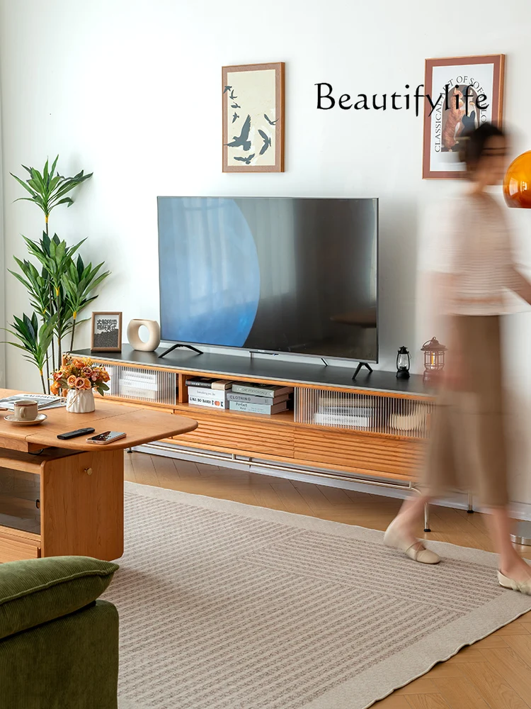 Solid Wood TV Cabinet Household Small Apartment Living Room Simple Hanging Cherrywood Stone Plate TV Stand