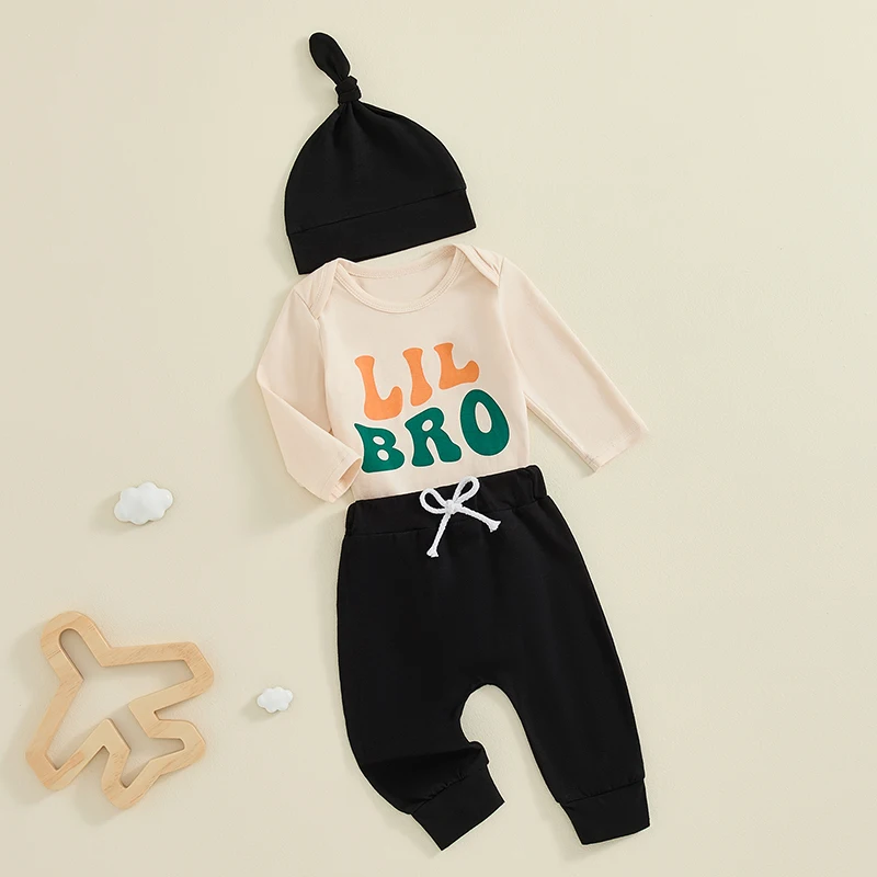 Newborn Boy Outfits Letter Print Long Sleeve Romper Elastic Waist Pants Hat 3 Piece Baby Boy Clothing Set