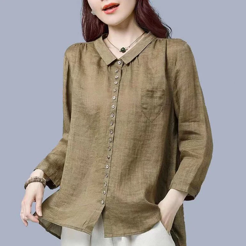 Spring Autumn Vintage Cotton Linen Cardigan Shirt Ladies Elegant Long Sleeve Buttons Top Women Comfortable Loose Casual Blouse