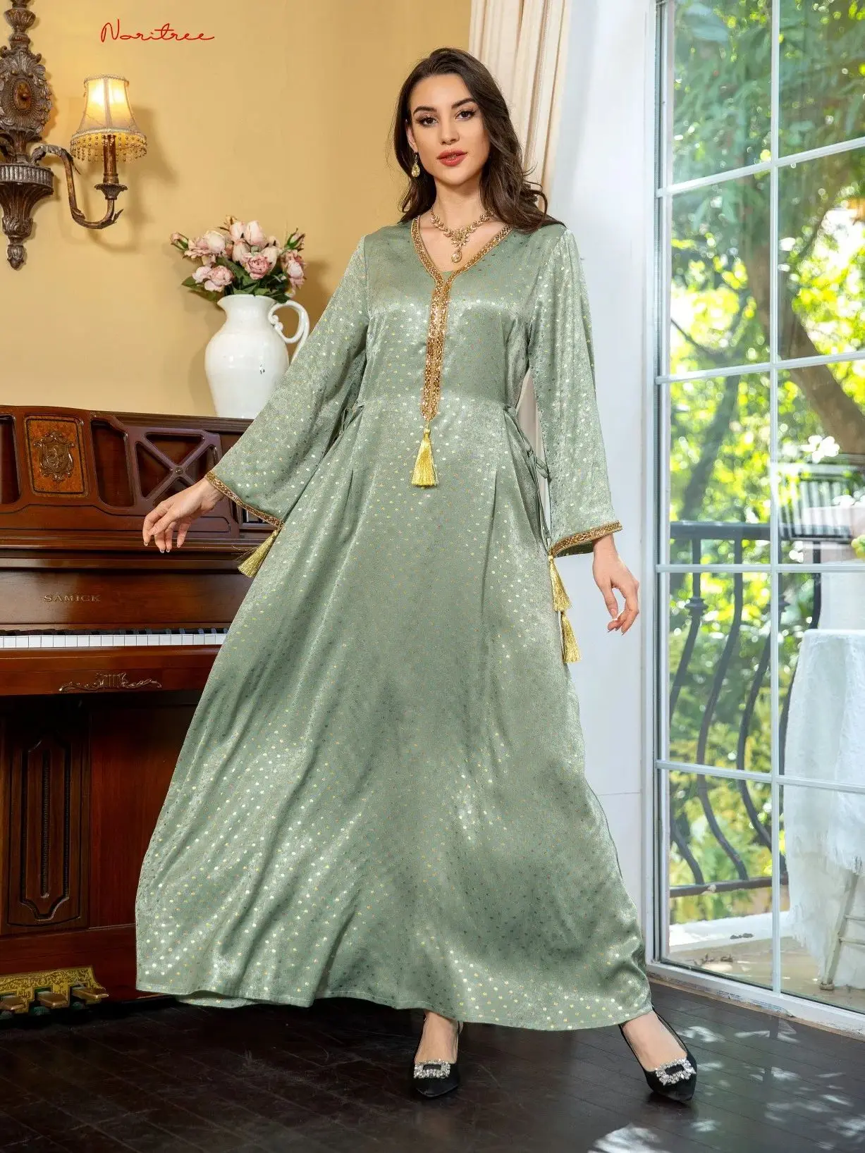 Fashion Bronzing Muslim Dress  Robe Female Full Length Dubai Modest Abaya Women Muslim Dress With Belt wy2033