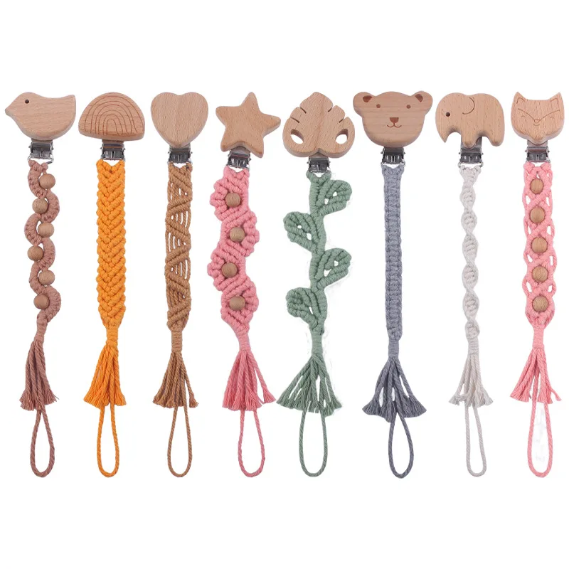 Baby Pacifier Holder Knitting Braid Four Flower Leaf Wooden Ring Pacifier Clip Crown Teething Chain Teether for Children Gift