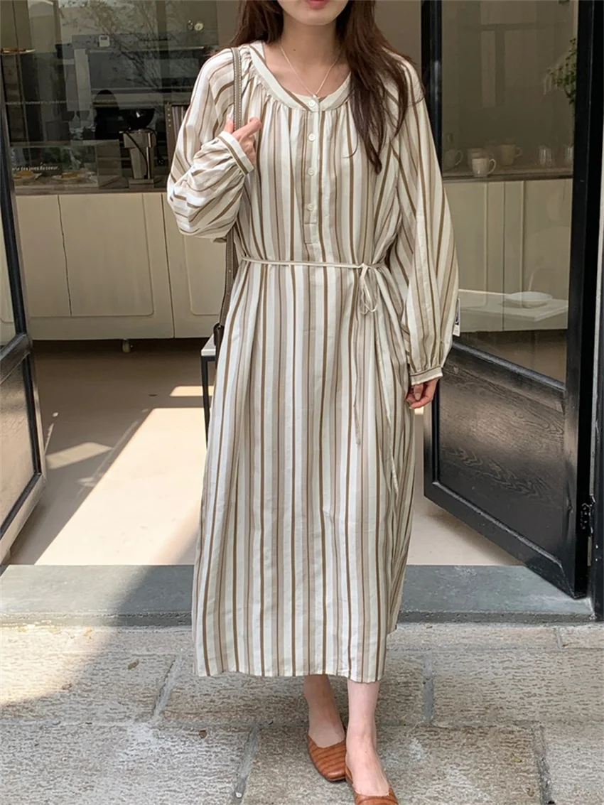 

Alien Kitty Office Lady Shirt Dress Women Casual Spring Lazy Style 2024 Elegant Full Sleeve Straight Casual All Match Stripes