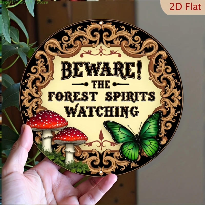 2D Flach "Vorsicht! " „Die Waldgeister beobachten“ Pilz- und Schmetterlings-Motiv, rundes Blechschild, Vintage-Metall-Wandkunst für fantasievolle, ländliche Einrichtungen