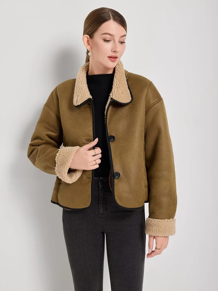 

Однотонное пальто из овечьей шерсти, женское повседневное однобортное пальто с лацканами и карманами, свободная короткая теплая куртка, новые офисные куртки для поездок на работу, зима 2023 г.