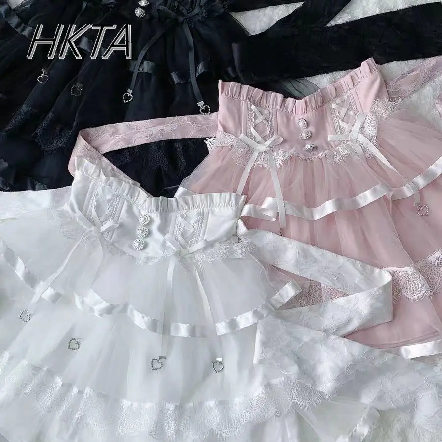 Falda de malla de encaje de cintura alta oscura con lazo de mina japonesa, faldas cortas finas de producción en masa de mina de verano, Falda plisada para mujer 2025