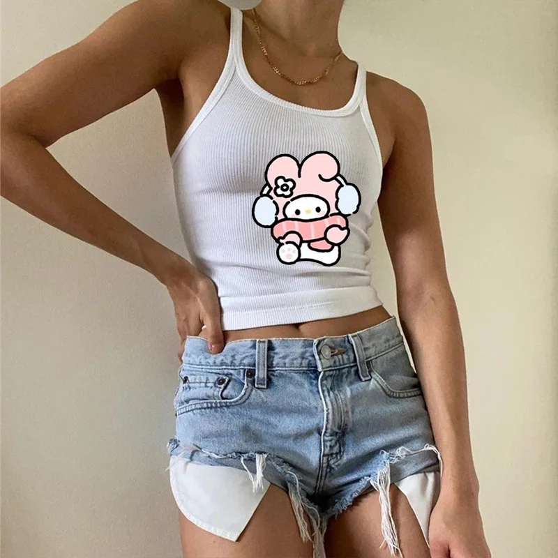 New Women's Vest T-Shirts Sanrio My Melody Cartoon Sleeveless T-Shirts Streetwear Short Y2K T-Shirt Tank Top Casual Clothing