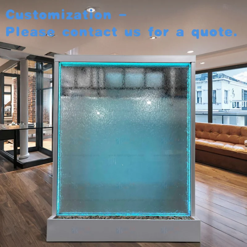 

custom.Modern Indoor Office Art Glass Waterfall Divider Floor-Standing Glass Panel with Metal Wall Fountain Laser Cut Process