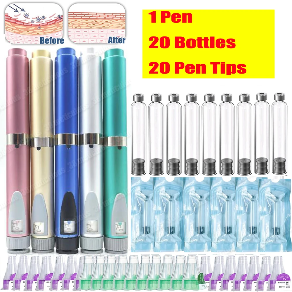 Multi-use Magic Pen 20PCS 3ml Sterile Empty Cassette Bottle 20PCS Pen Tip Reusable Precise Dosing Injection Pen Kit for Insulin