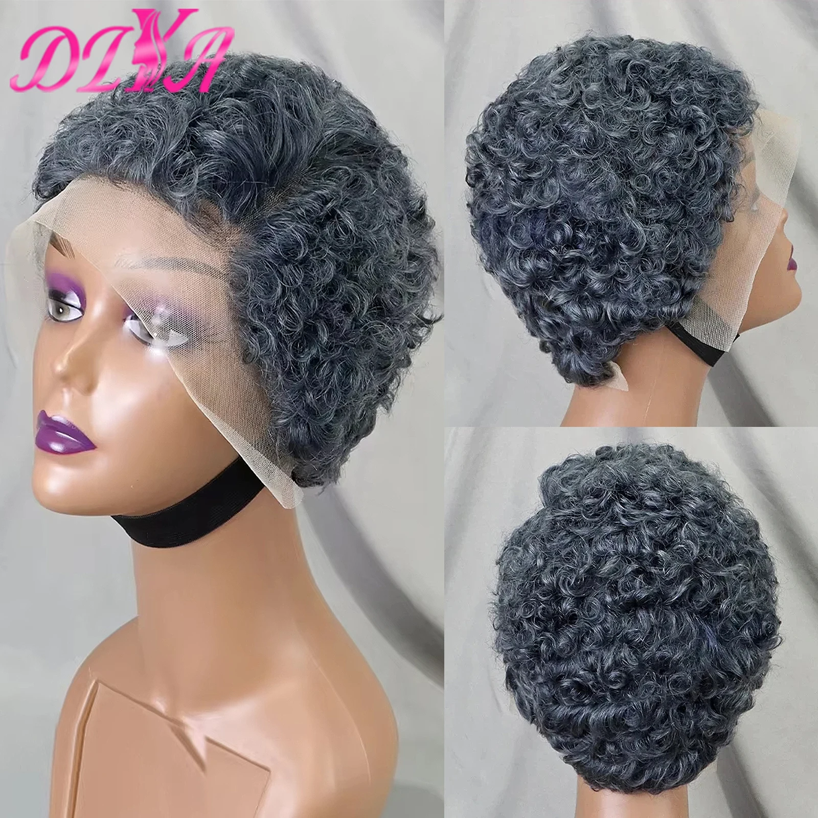 رمادي اللون عابث قطع مجعد موجة خصلات الشعر المستعار الإنسان 13x4 الدانتيل الشفاف الجبهة قصيرة الأفرو شعر بشري مجعد شعر مستعار للنساء السود