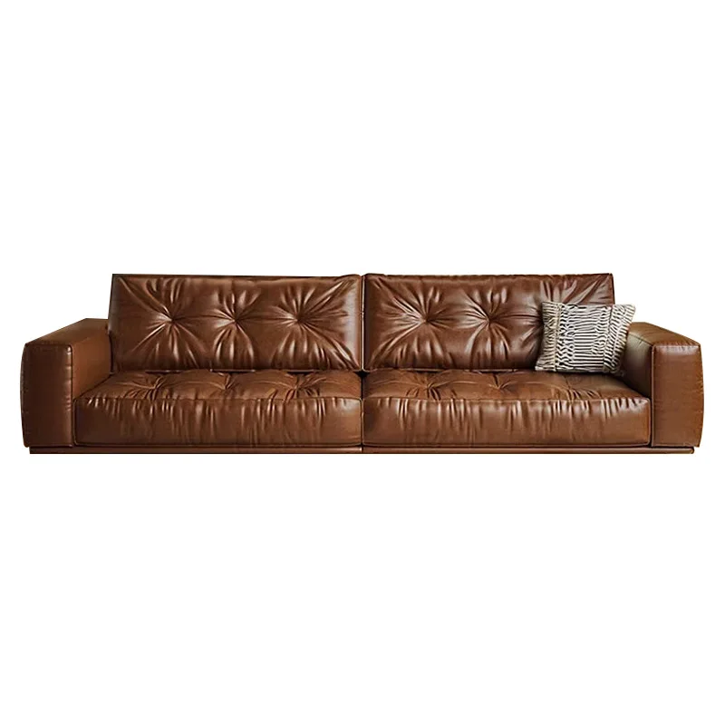 Light luxury retro oil wax leather sofa small apartment living room simple first layer cowhide straight row sofa