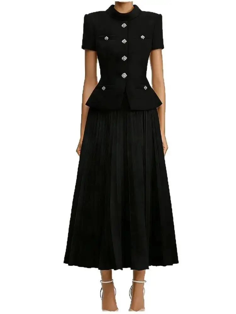 Elegant 2 Pieces Set Short-sleeved Jacket Round Neck Buttons Top + Waist-cinching Pleated Skirt 2026 Summer UV4L