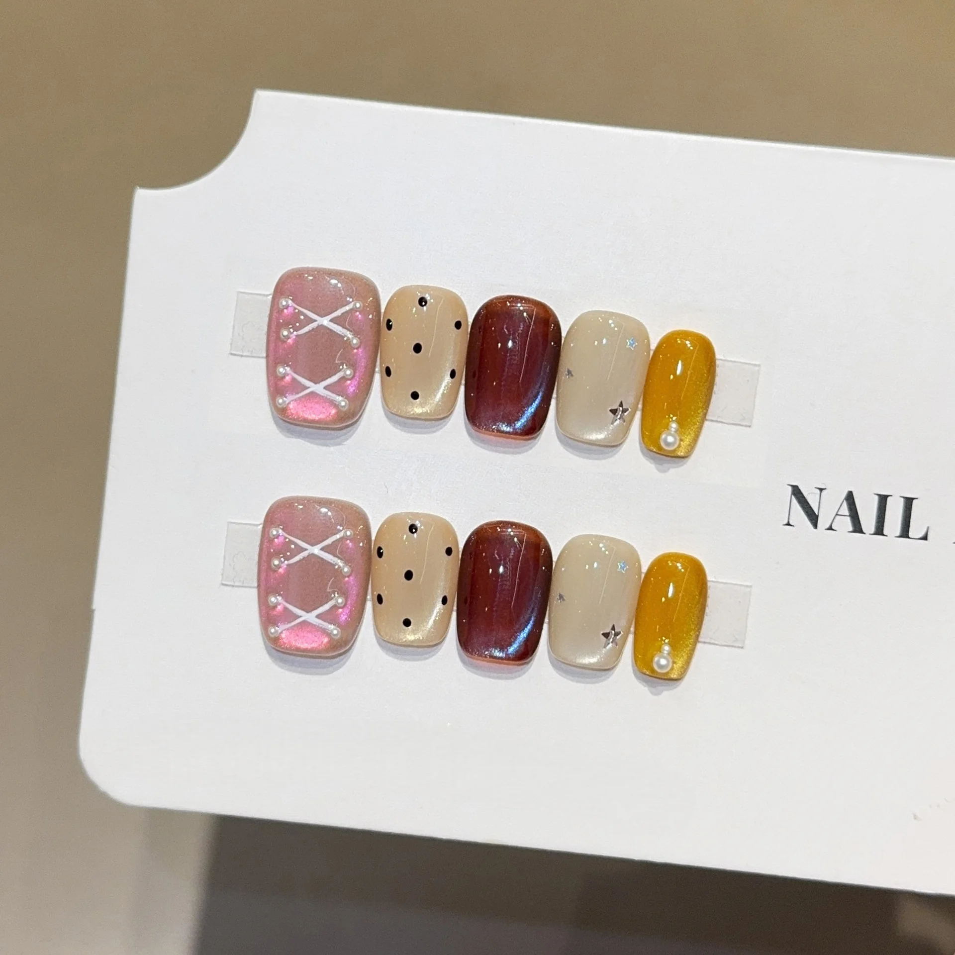 10pcs Rainbow Sweet Tea Handmade Nails Summer Cat-Eye Press on Nail Shot Square Full Coverage Nail Tip for Women&Girl Fake Nail