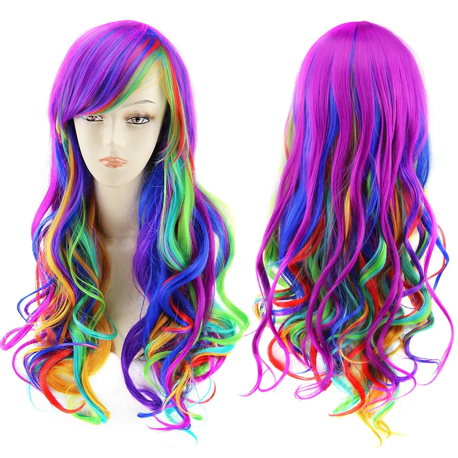 

Длинные искусственные синие волнистые парики для женщин и девушек, длинные вьющиеся радужные парики для косплея