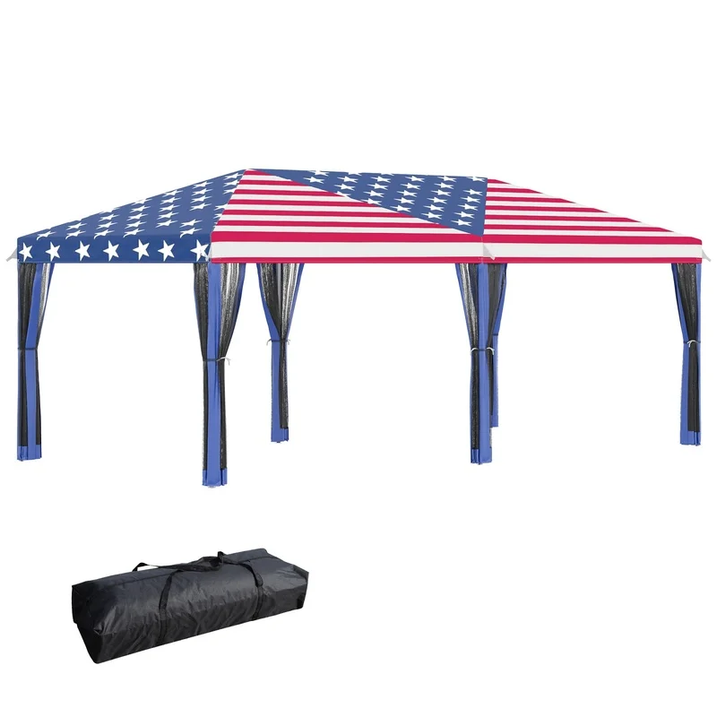 

Outsunny 10' x 20' Pop-Up Canopy Tent with Netting, Heavy-Duty Sun Shelter for Patio, Garden, Events – Includes Carry Bag, American Flag Design