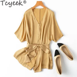 Tcyeek 93% Mulberry Real Silk Blouse for Women Clothes V-neck Fashion Womens Tops Lace-up 20mm Silk Short Sleeve T-shirts 2024