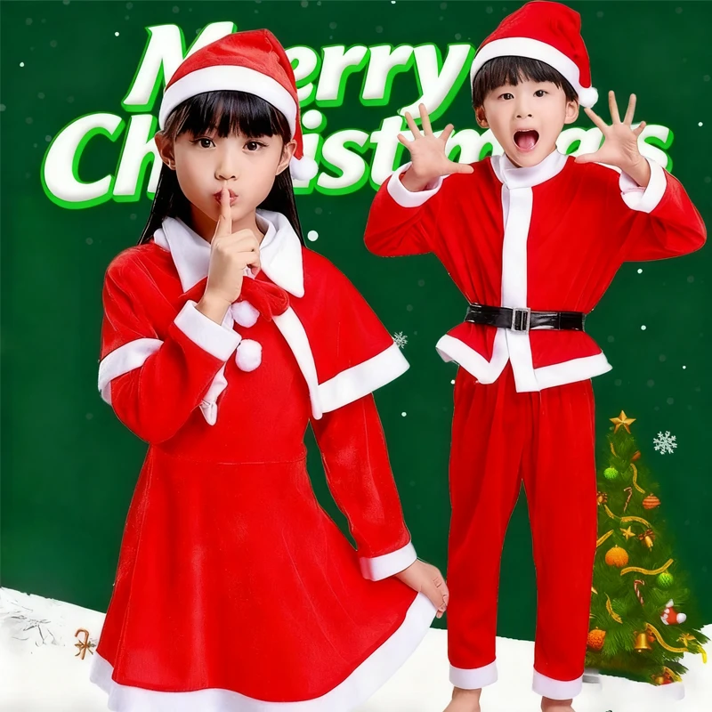 أزياء عيد الميلاد للأطفال لعام 2025، مجموعة أزياء تنكرية للأولاد والبنات سانتا كلوز، أزياء عصرية حمراء كلاسيكية #4