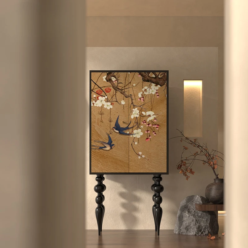 MJY Flower and Bird Wind Edge Storage Multifunctional Solid Wood Decorative Cabinet Tall Cabinet