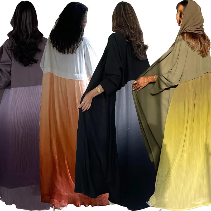 

Women Muslim Arab Abaya Robe Cardigan Turkish Clothing Chiffon Pleated Splicing Dress