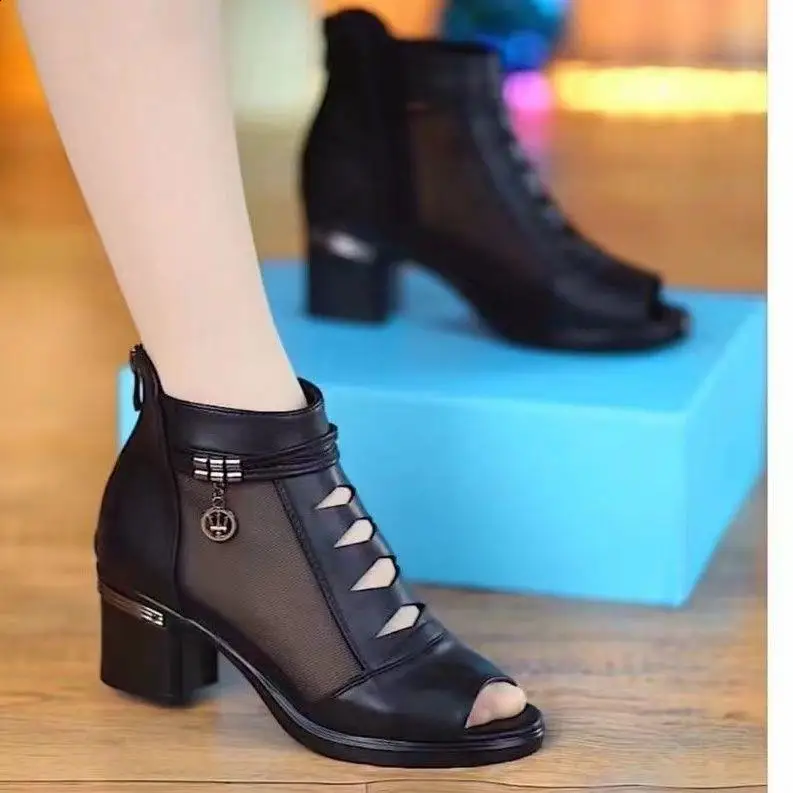 Female Sandal Med 2024 Summer Block Heels Black Shoes for Women Open Toe Breathable Espadrilles Platform Girls Medium Chunky Bei