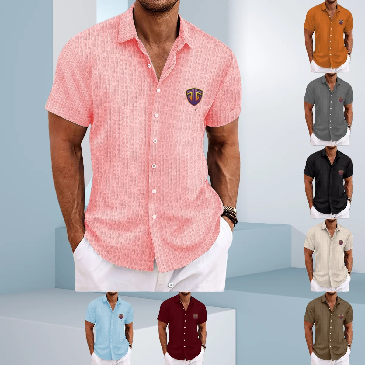 

Hawaii solid color button new men's summer shirt striped jacquard business fashion casual loose short sleeve shirt top