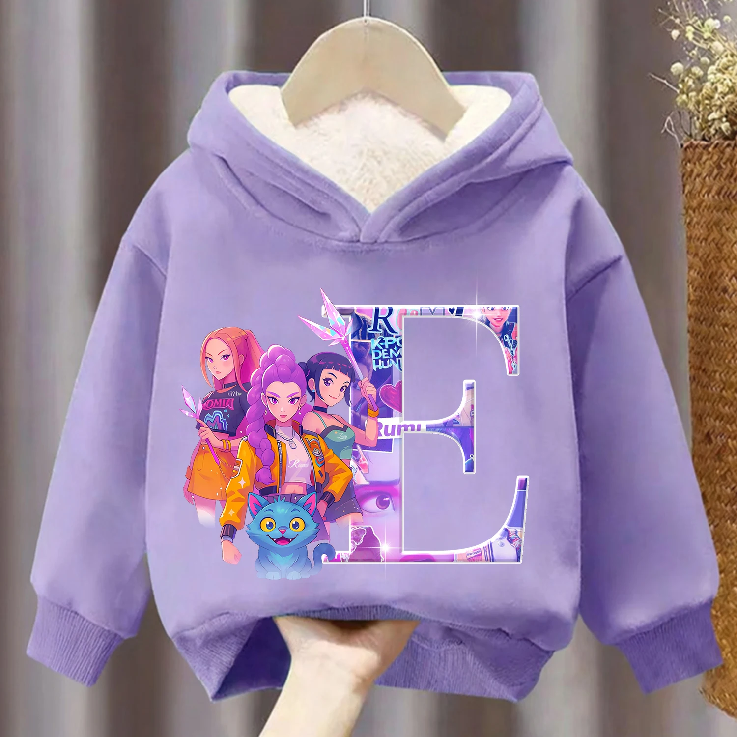 Sudadera con capucha gruesa Kpop Demon Hunters para niños, ropa de dibujos animados, sudadera polar para niña, ropa con capucha cálida de invierno púrpura, regalo para chico