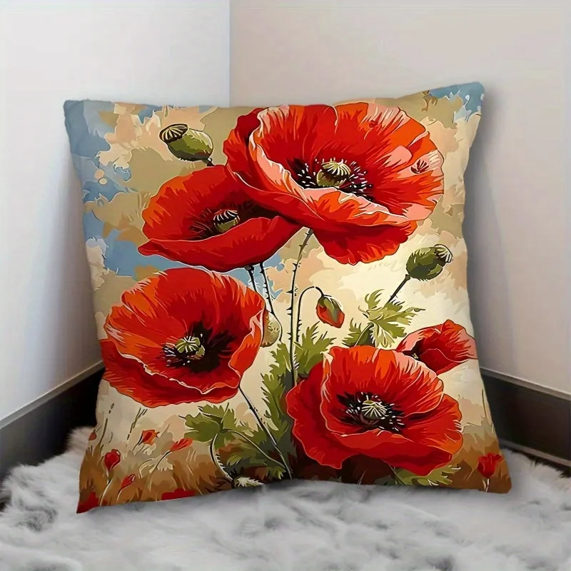 1pc Oil Painting Style Poppy Printed Throw Pillow Cover,Suitable for Sofa,Bedroom,Living Room,an Artistic Gift for Flower Lovers