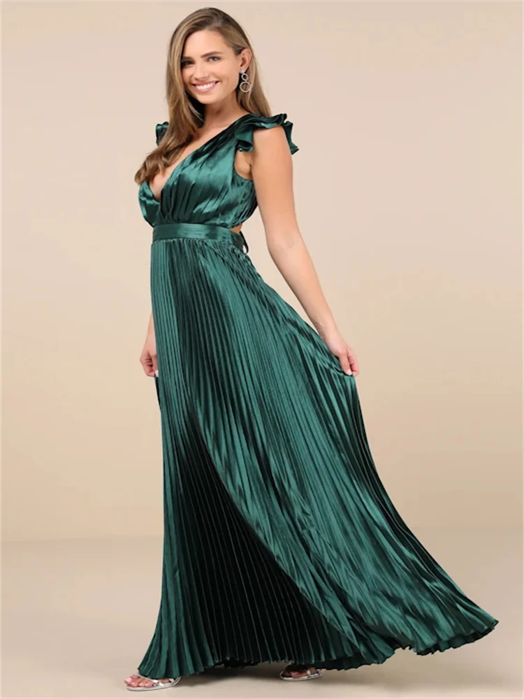 Customized Emerald Satin Lace-up Pleated Maxi Dress Deep V-neck Ruffled Strap Skirt All-over Accordion Pleated Evening Gown