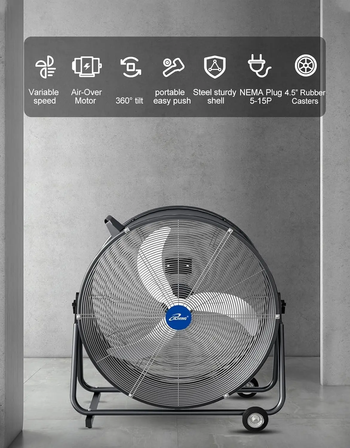 30-Zoll-Hochgeschwindigkeits-Trommelventilator für Industrie, Gewerbe, Luftzirkulation für Garage, Geschäft, Terrasse, Scheune, Gewächshaus