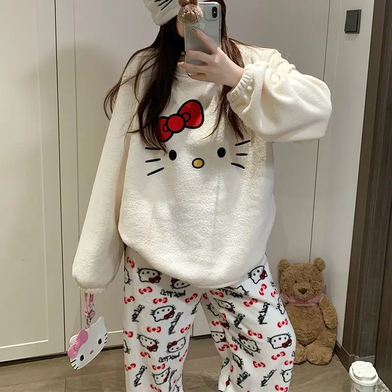 Cartoon Hello Kittys carino caldo corallo velluto pigiama da donna inverno addensato studente indumenti da notte Anime Sanrioed peluche loungewear