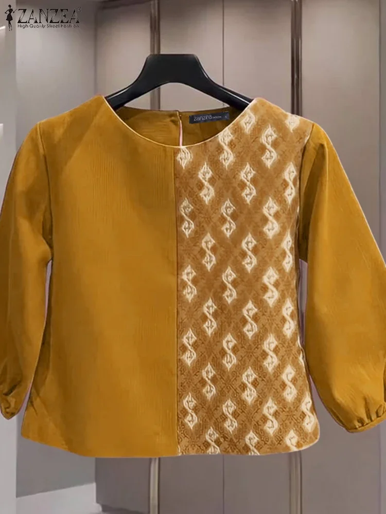 Women Pactwork Tops Casual Loose Autumn Blouse Fashion Three Quarter Sleeve Tunic O Neck Pullover Oversized Blusas 2025 ZANZEA