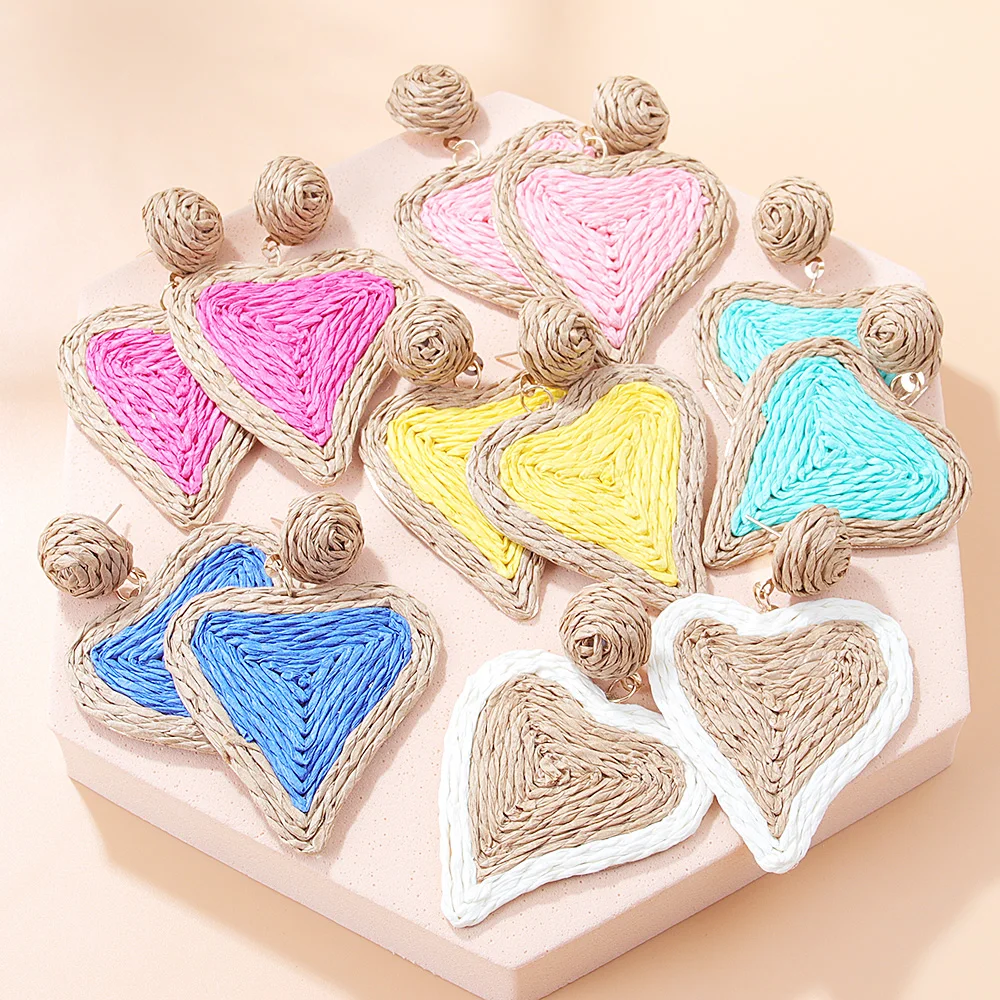 Vintage Raffia Weave Pink Yellow Blue Heart Pendant Handmade Boho Women's Earrings  Aesthetic Party Earring Jewelry