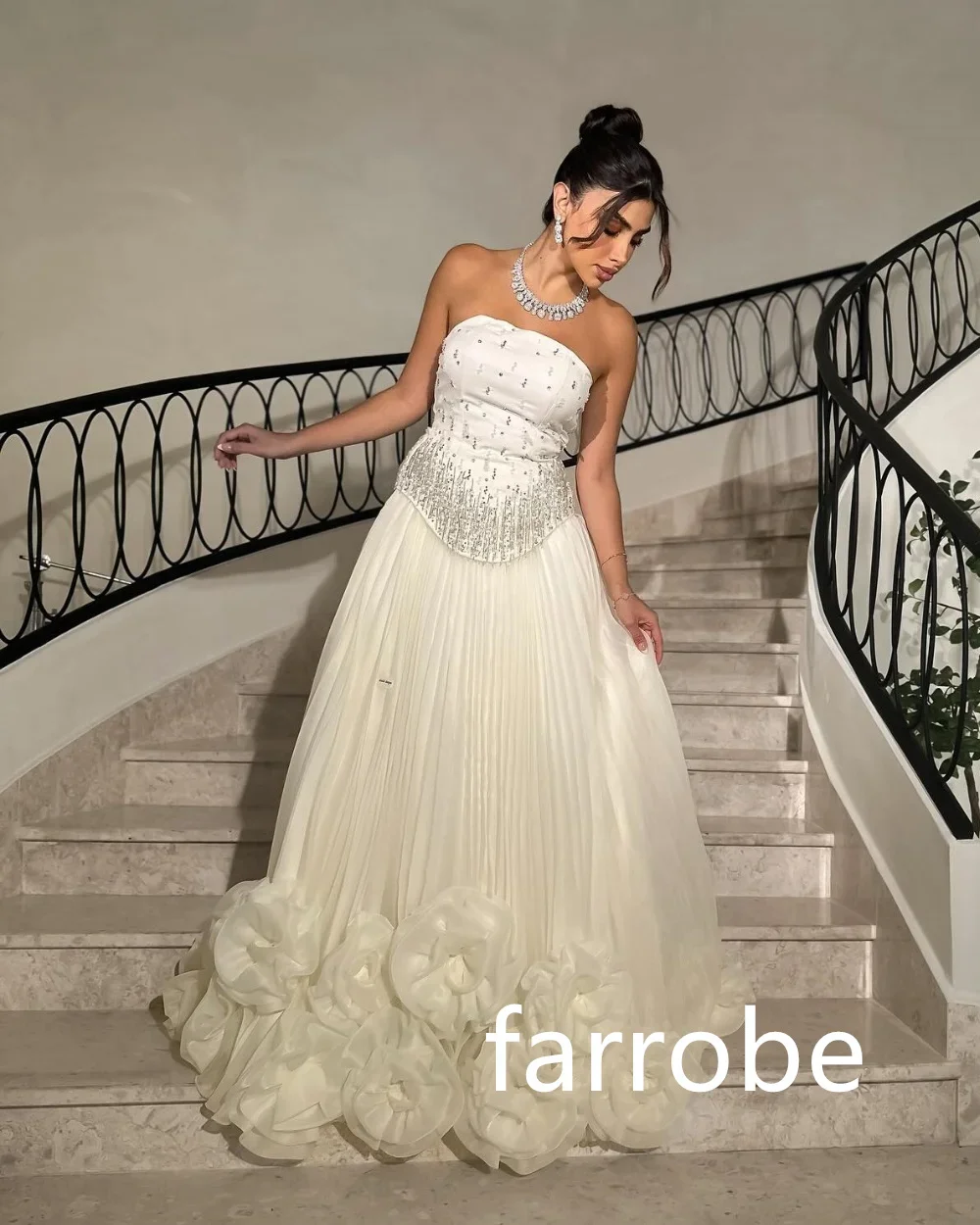 Customized Pastrol Net Pleat Flower Sequined A-line Strapless Long Dresses Bespoke Occasion Dresses Classic Exquisite Modern Sty