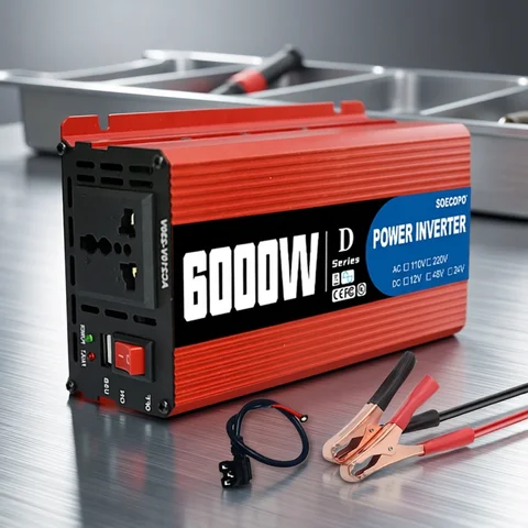 6000W Portable Smart Inverter 12V/24V/48V to 110V/220V AC with USB Port & Alligator Clamps for RVs Trucks Worldwide CE Certified