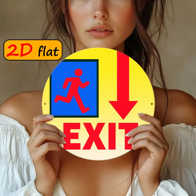 2D Metal Sign, Red Runner Icon with Arrow Exit, Aluminum Round Outdoor Warning Sign, High Visibility for Emergenc