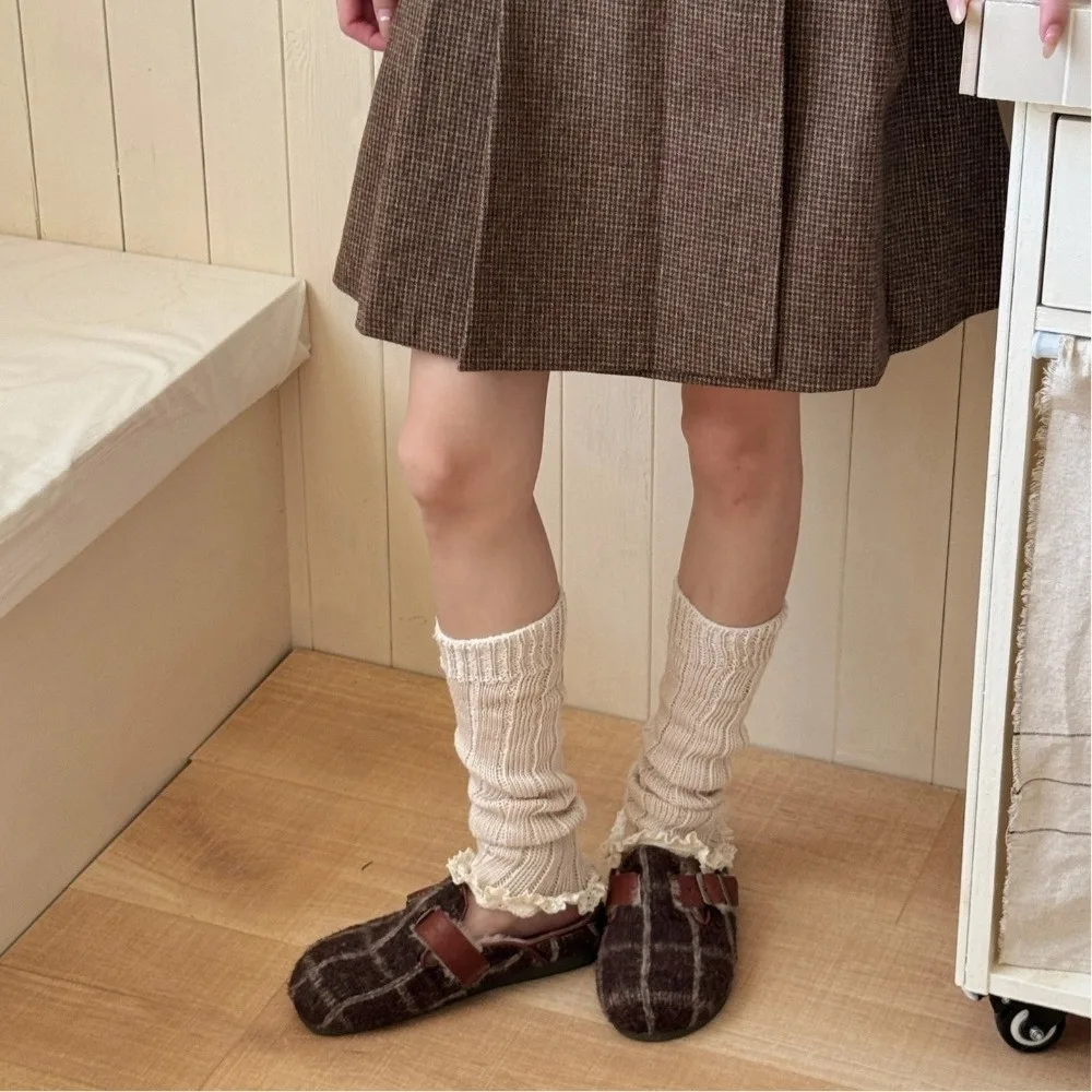 

Sweet Y2K Knitting Leg Warmers Solid Color Thickened Warm Foot Cover Lace Trim Long Stockings Autumn and Winter