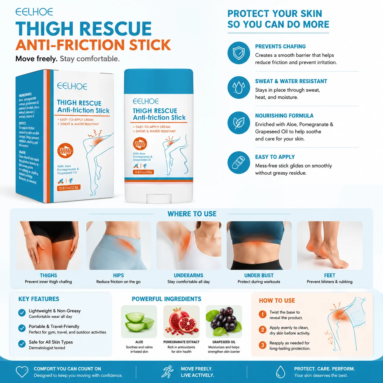 Bâton anti-frottement invisible pour les cuisses, imperméable, résistant à la transpiration, anti-friction, protection cutanée pour les jambes, les talons et les bras