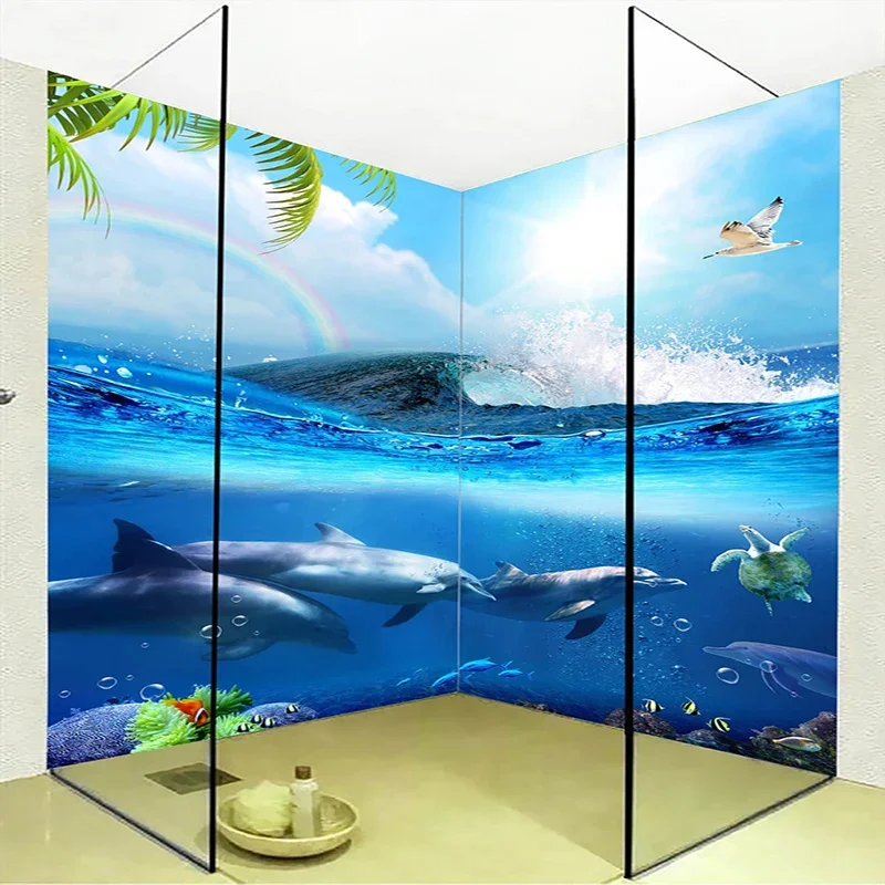 

Custom Self-Adhesive Bathroom Mural Wallpaper 3D Cartoon Dolphin Fish Background Wall Decor PVC Waterproof Vinyl 3D Stickers