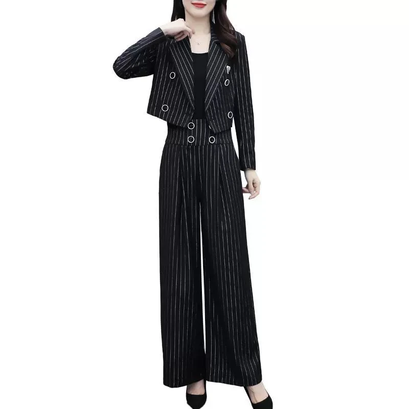 Small Blazers Suit Women\'s Spring New Casual Professional Short Blazer Jacket And Wide Leg Pants Two Piece Set Office Ladies Set