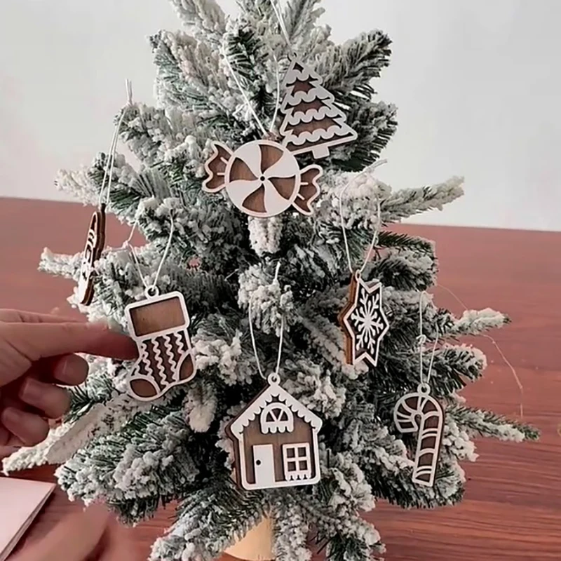 1PC Christmas Decorations Nordic Carved Wooden Cabin Ornaments, Wooden Christmas Trees Decorative Pendant, DIY Window Displays