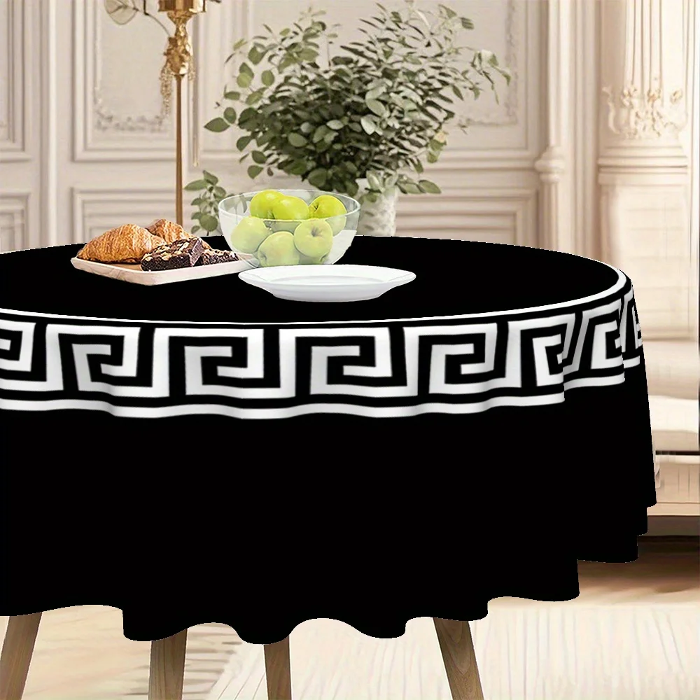 Black checkered circular ring kitchen and dining room printed round tablecloth, made of thick twill material