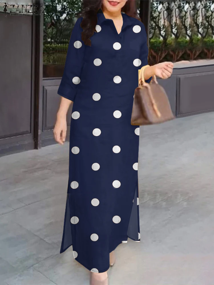 2025 ZANZEA Eleagnt Polka Dot Dress Donna Estate Vestito Estivo Moda Risvolto Collo Manica 3/4 Baggy Lavoro Abiti Robe Femme Plus Size