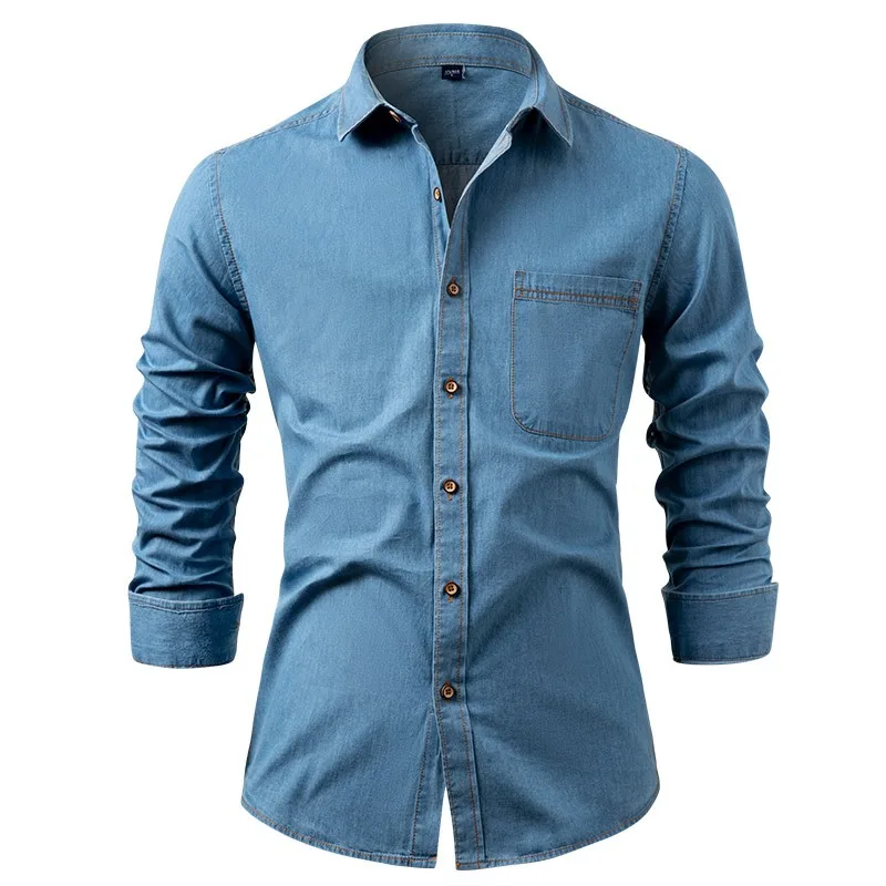 American Style Denim Shirts Men's Pure Cotton Non Iron Solid Color Long Sleeve Casual Jacket with Breast Pocket Autumn Clothing