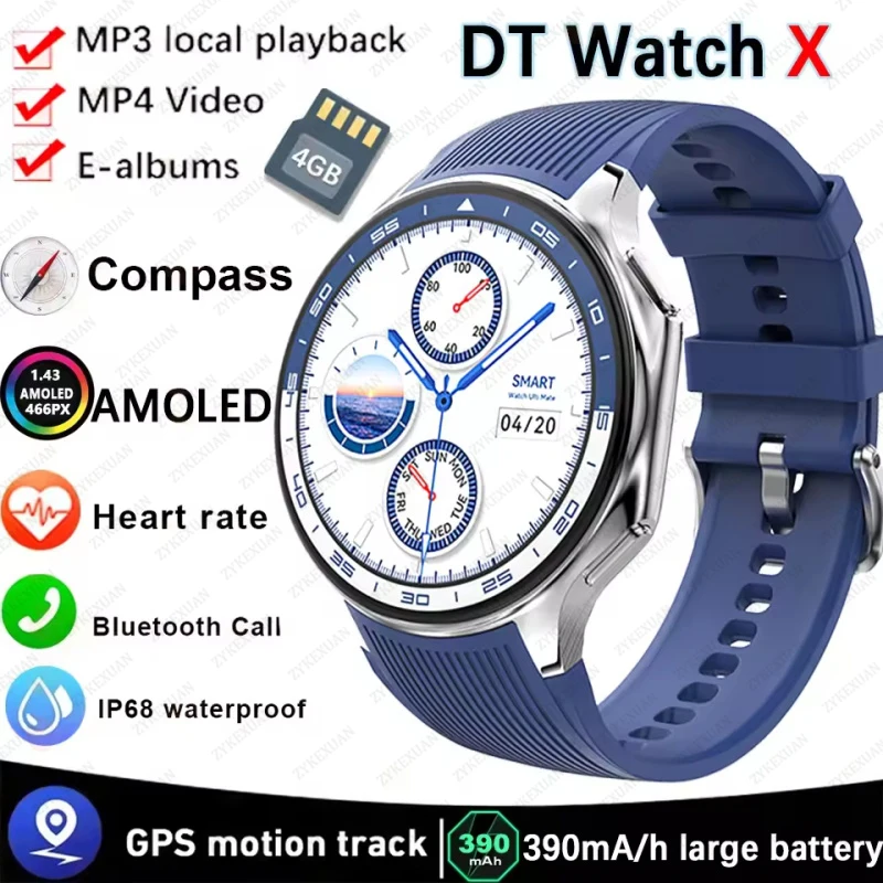 DT Watch X Smart Watch Men 466*466 AMOLED HD Screen 32gB Memory 3D Surround Vision Watch BT Call IP68 Waterproof Smartwatch Man