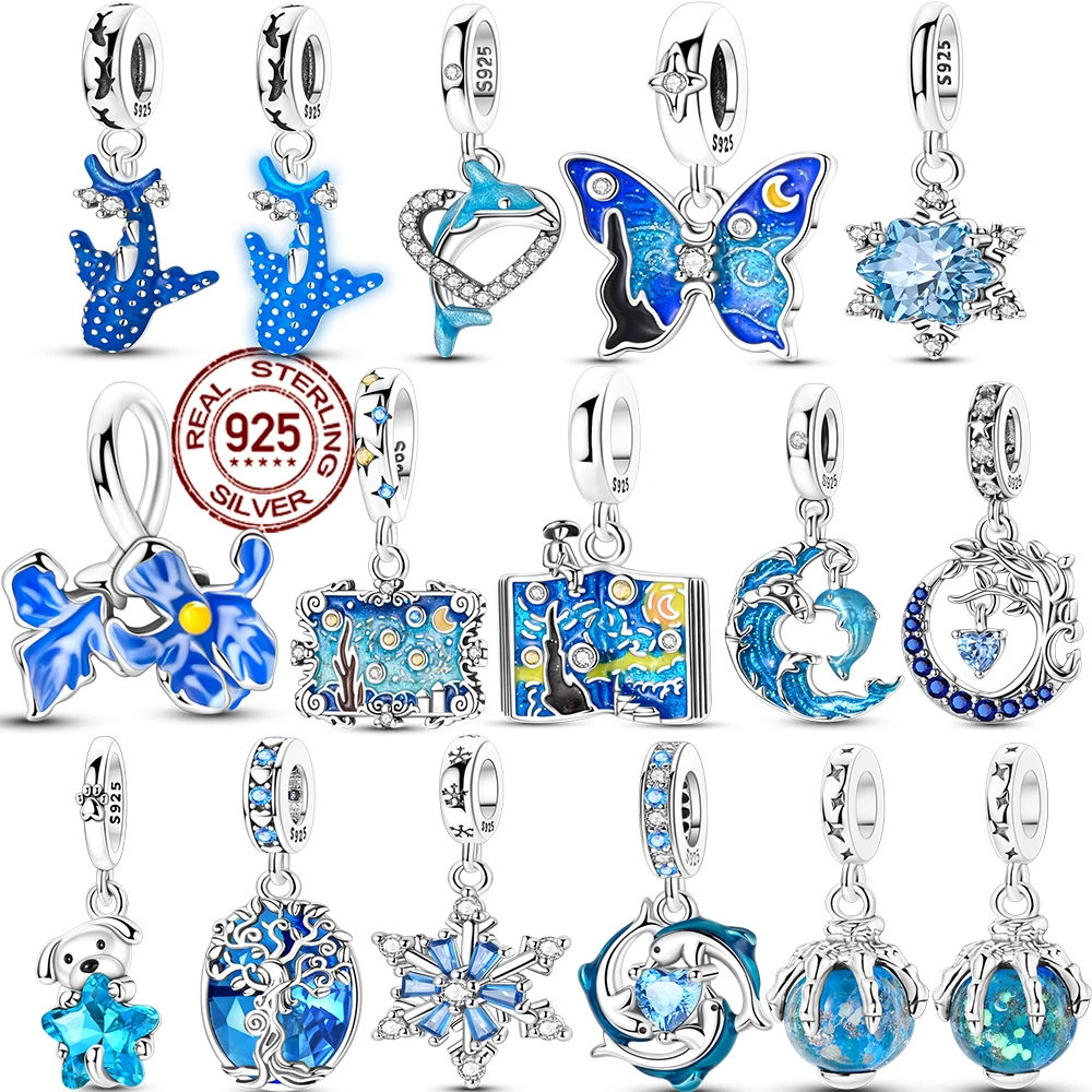 

Blue Series 925 Sterling Silver Butterfly Flower Whale Pendant Charms Jewelry Fit Original 925 Bracelet For Women DIY Gift