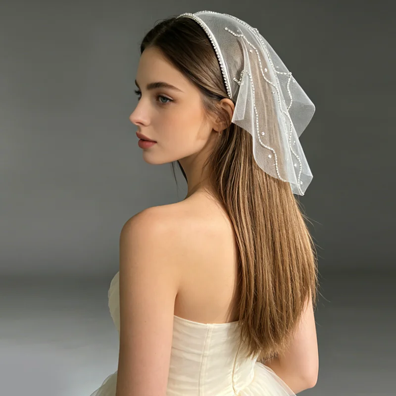 Bride's Short Mesh Headband Sparkling Diamond Triangular Head Veil Ultra Fairy Hairband Hair Hoop Women Hair Accessory Heawear